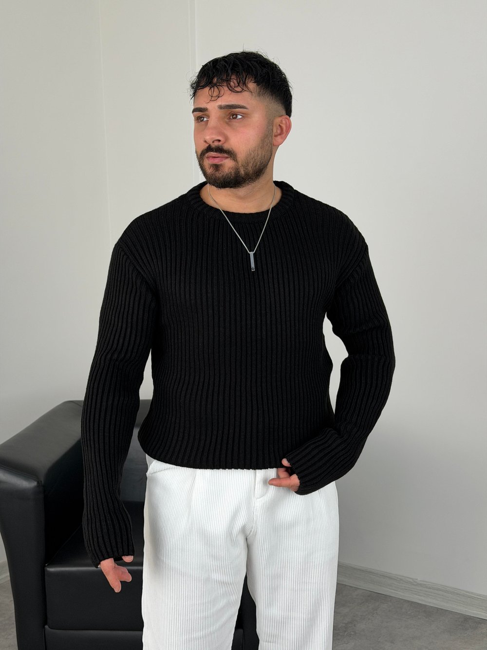 KALIN FİTİLLİ OVERSİZE TRİKO BİSİKLET YAKA SİYAH