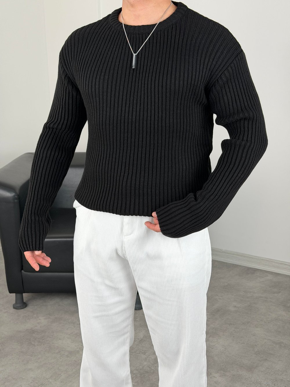 KALIN FİTİLLİ OVERSİZE TRİKO BİSİKLET YAKA SİYAH