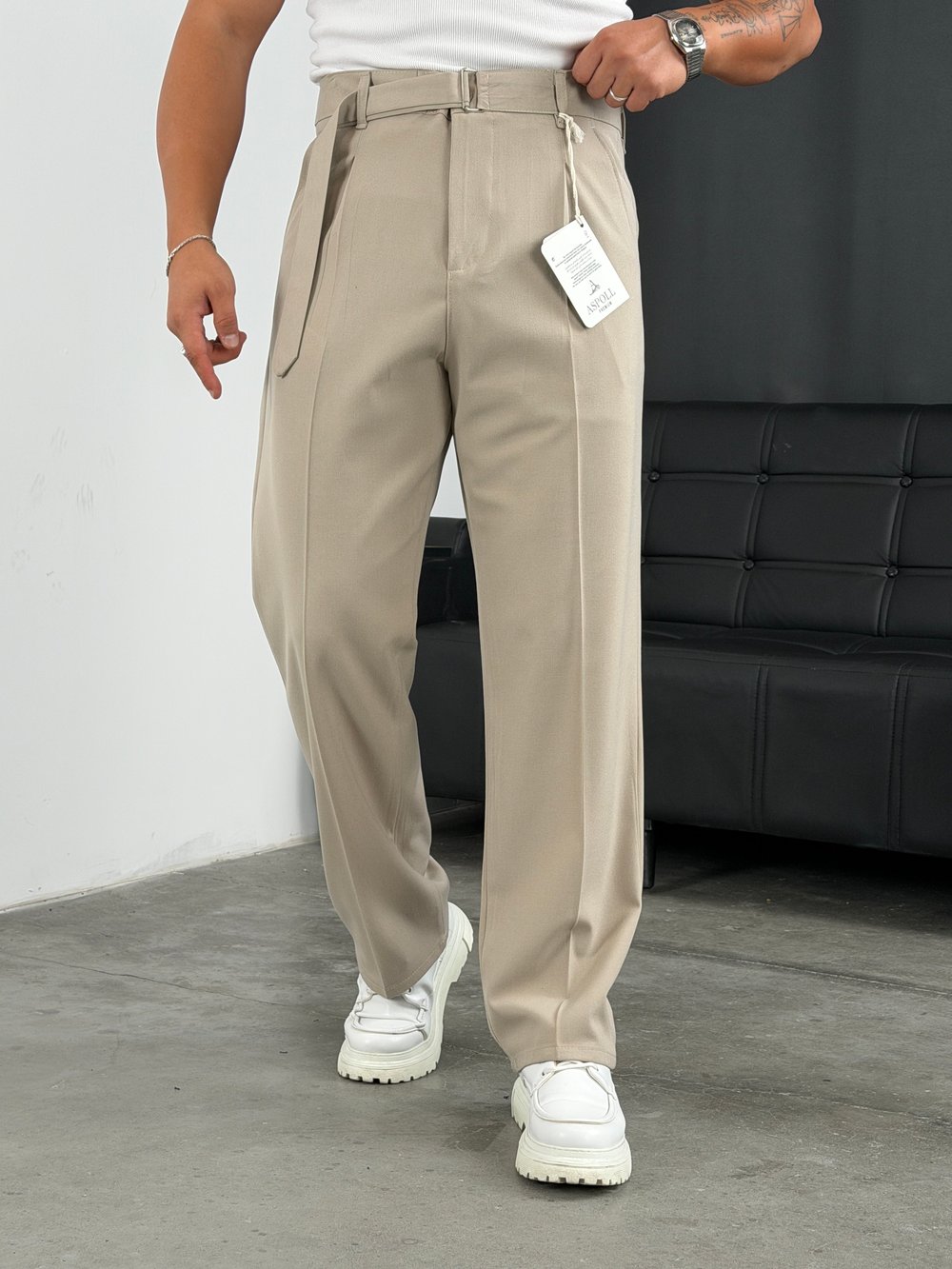 Kendinden Kemerli Baggy Kumaş Pantolon 4 Mevsim Bej