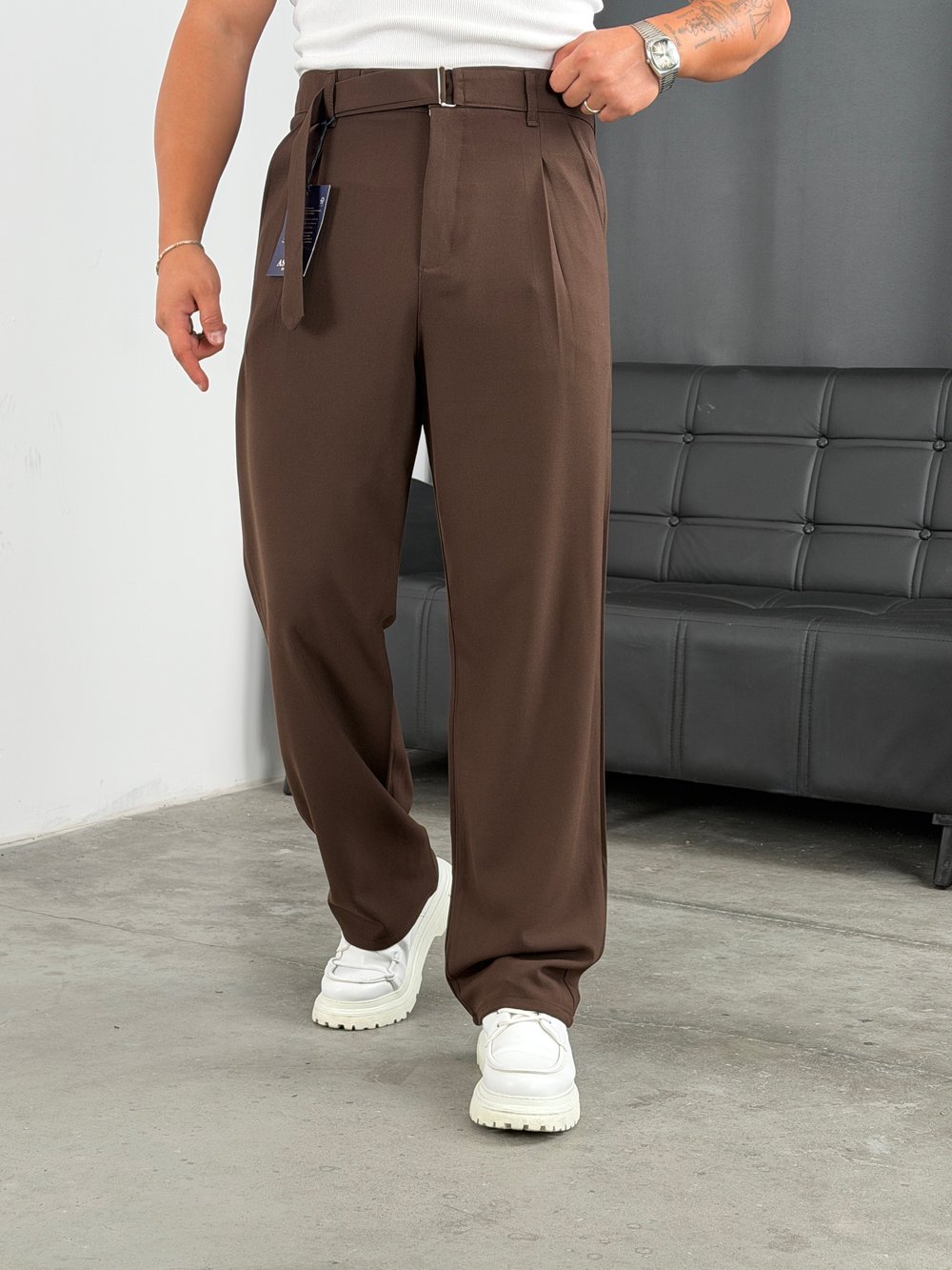 Kendinden Kemerli Baggy Kumaş Pantolon 4 Mevsim Acı Kahve