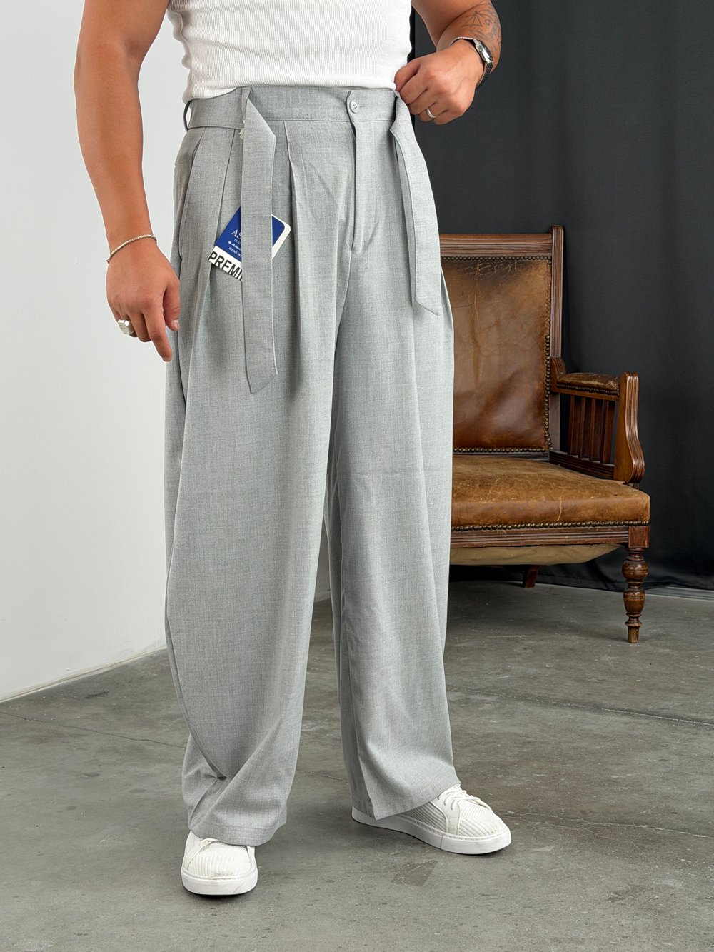 KORE MODEL KUŞAKLI PREMİUM BAGGY PANTOLON GRİ