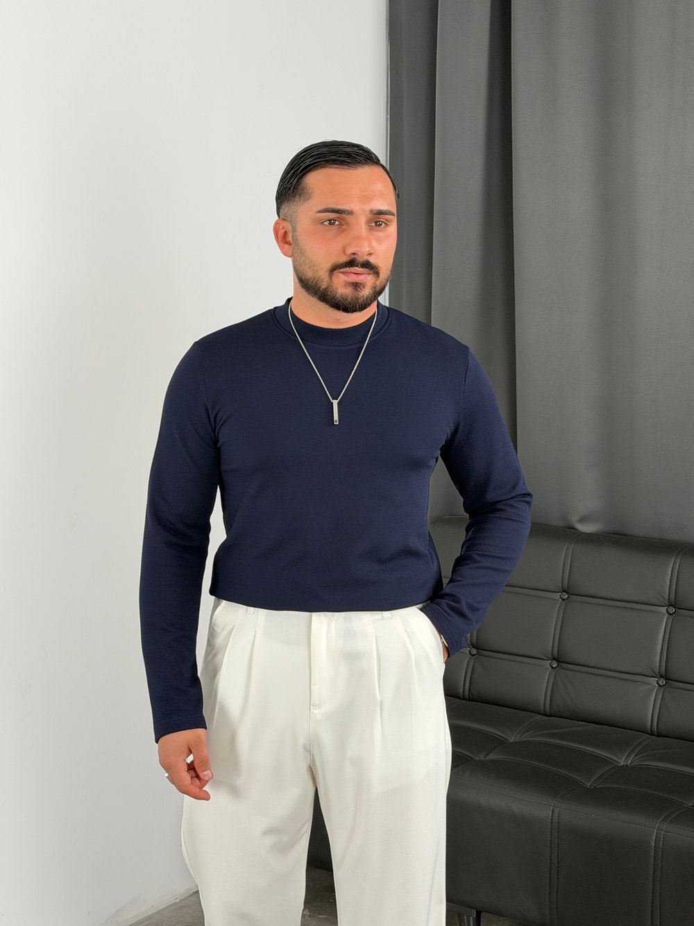 Krep Balıkçı Yaka İçi Şardonlu Sweatshirt Lacivert