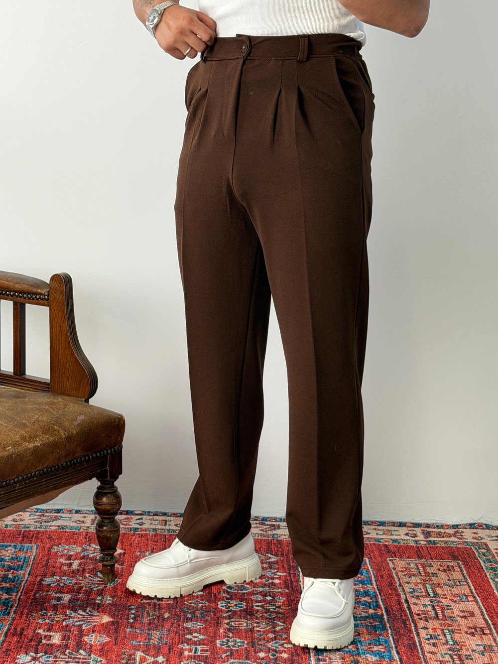 KREP PİLELİ YIKAMALI BAGGY PANTOLON ACI KAHVE