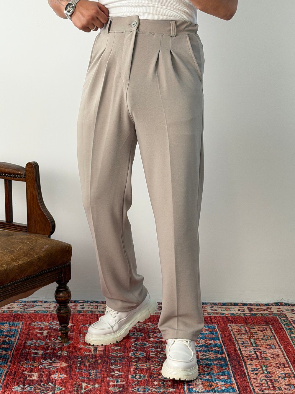 KREP PİLELİ YIKAMALI BAGGY PANTOLON GRİ
