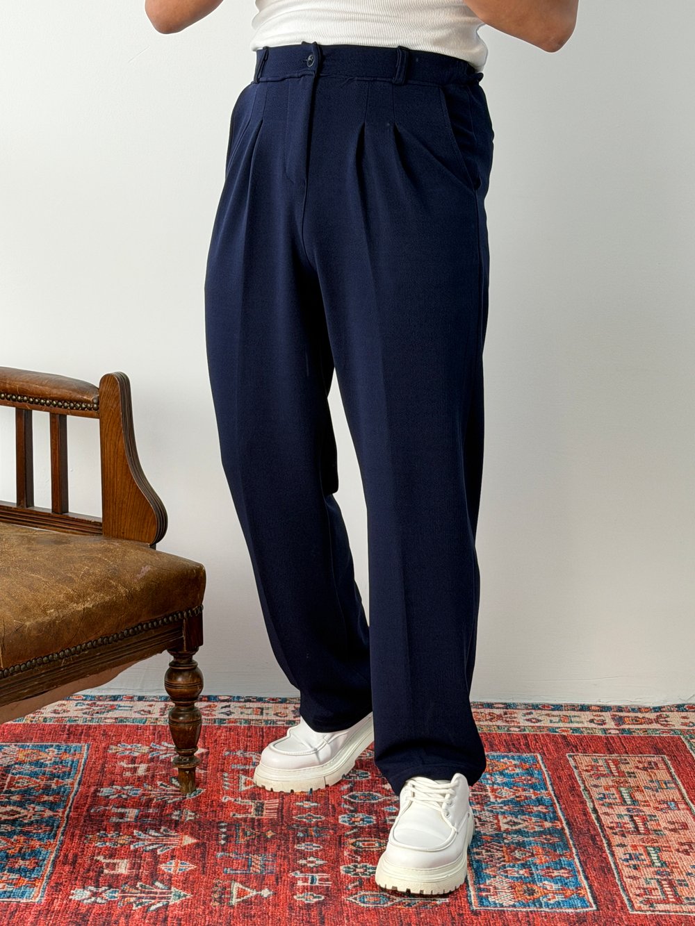 KREP PİLELİ YIKAMALI BAGGY PANTOLON LACİVERT