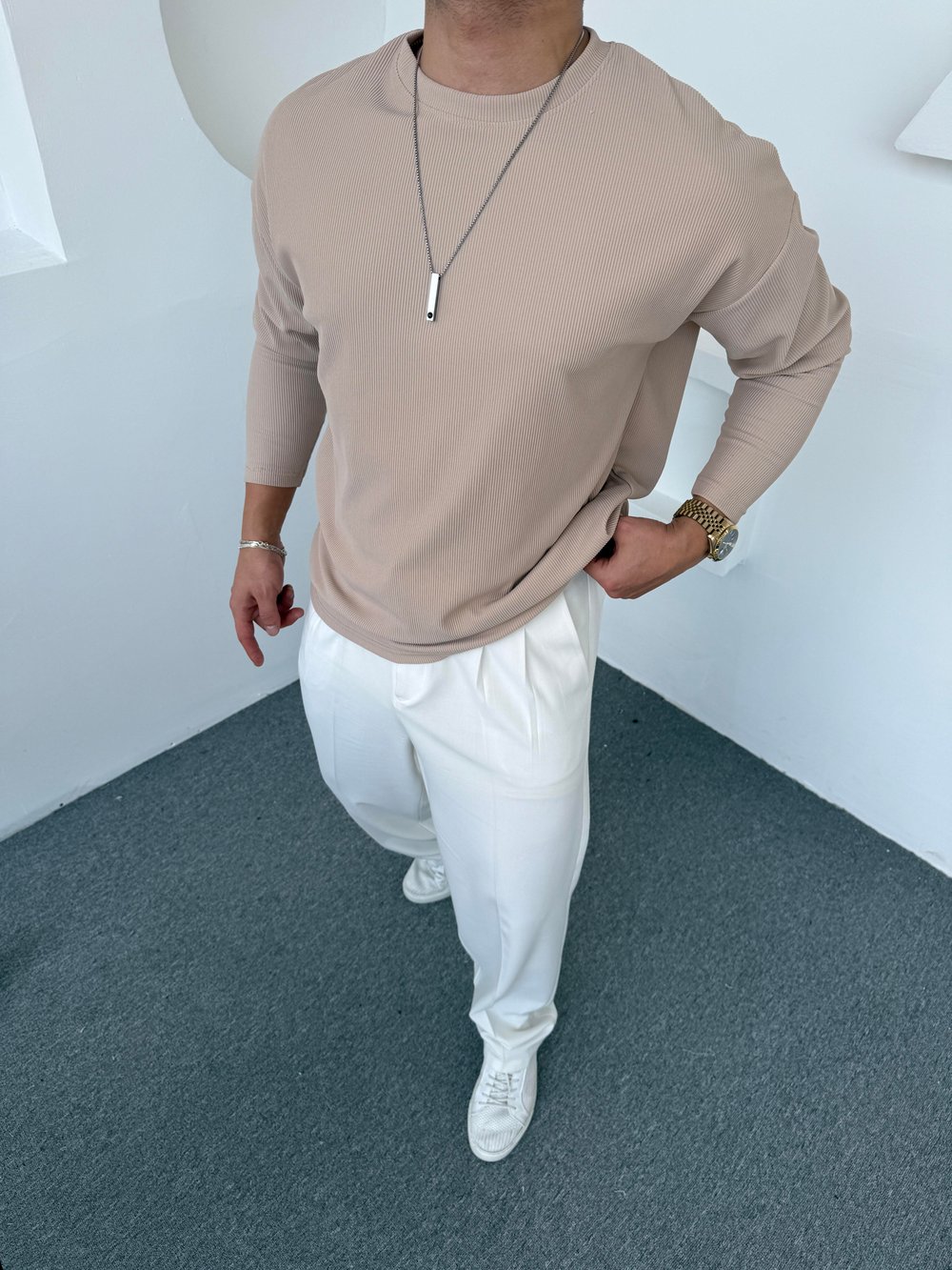 Ottoman Bisiklet Yaka Sweatshirt Bej
