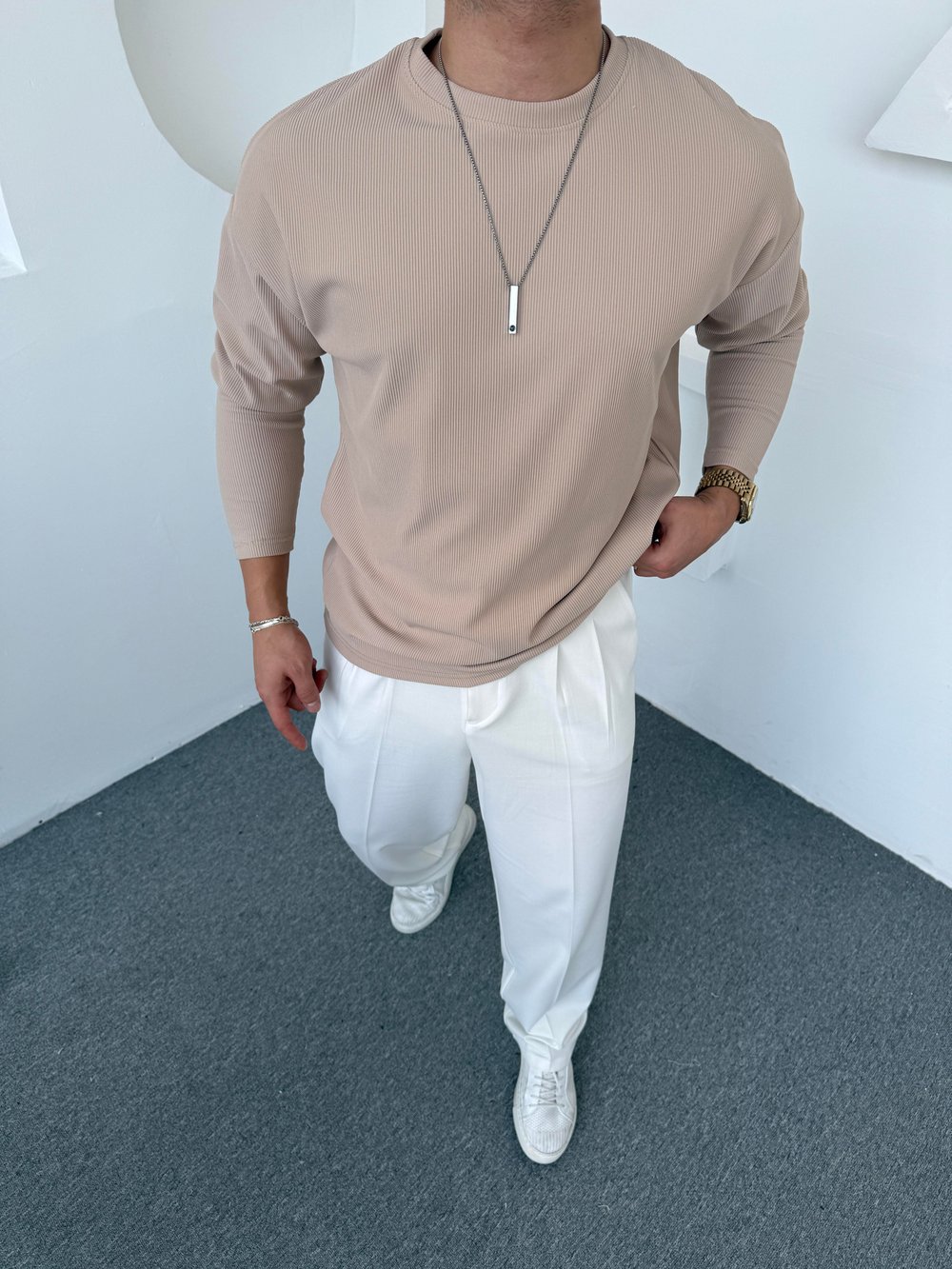 Ottoman Bisiklet Yaka Sweatshirt Bej