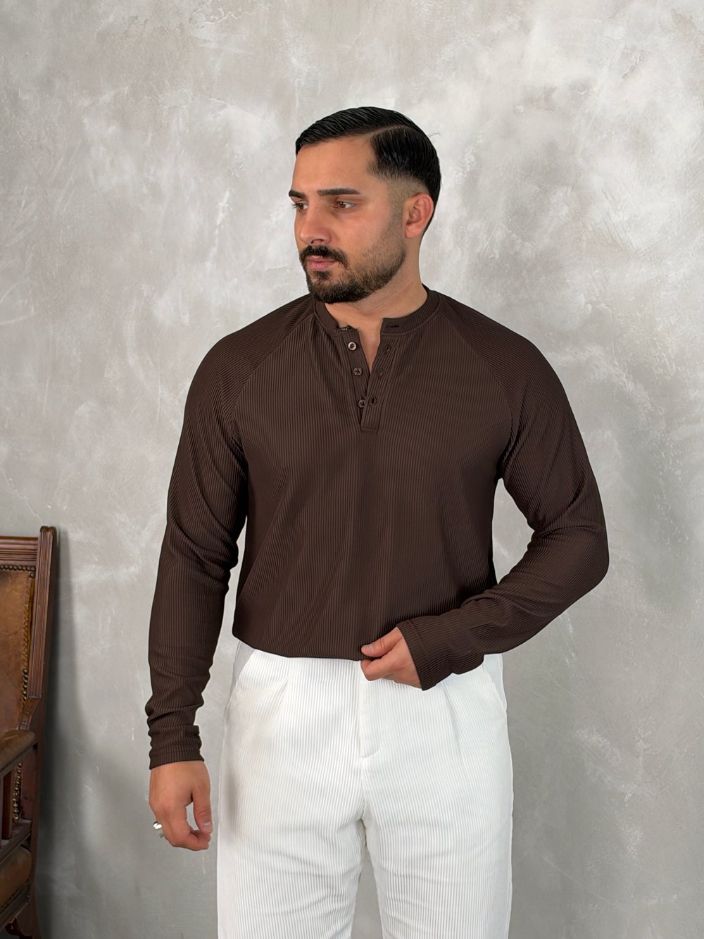 Ottoman Henley Yaka Sweatshirt Acı Kahve