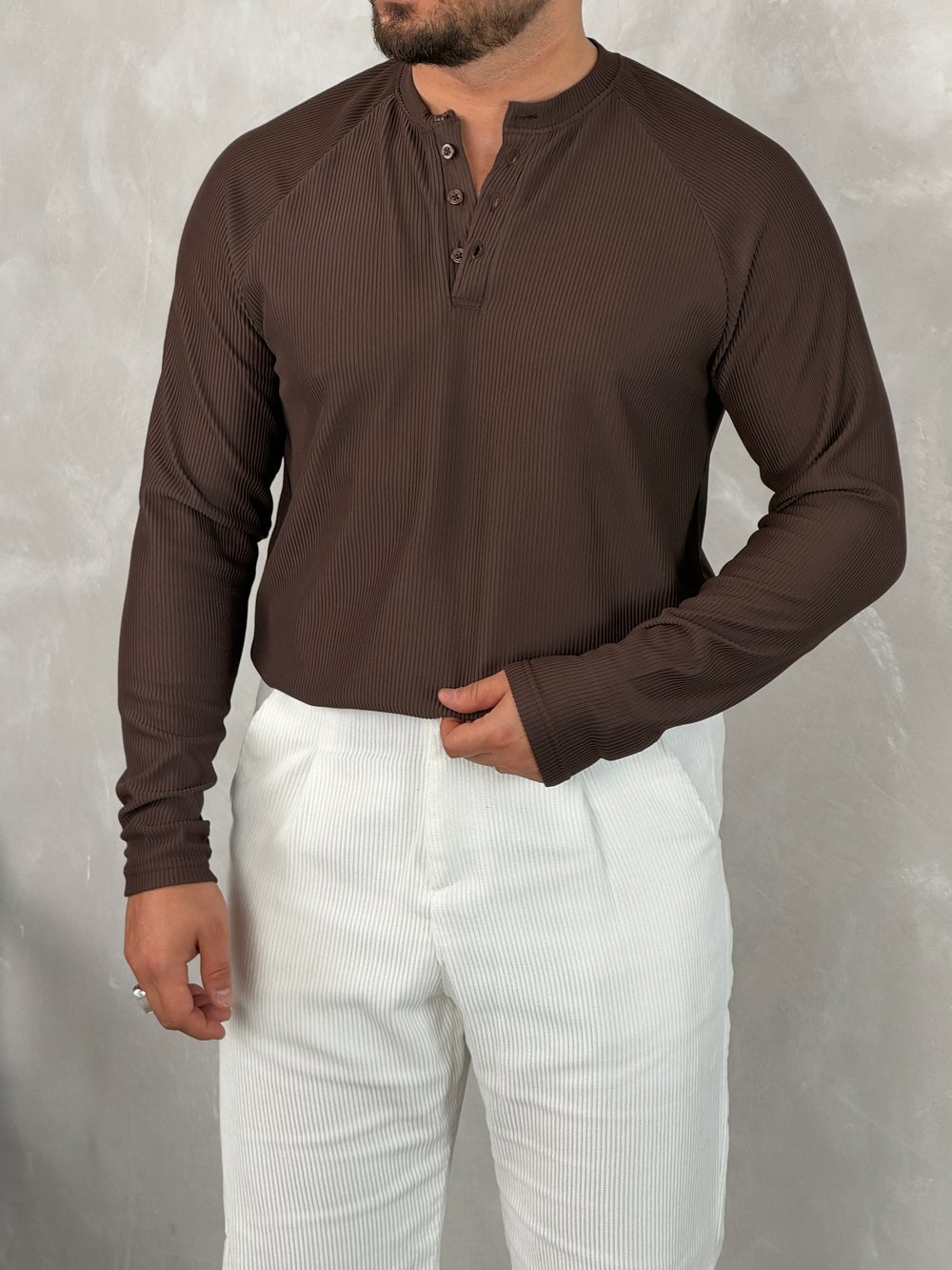 Ottoman Henley Yaka Sweatshirt Acı Kahve