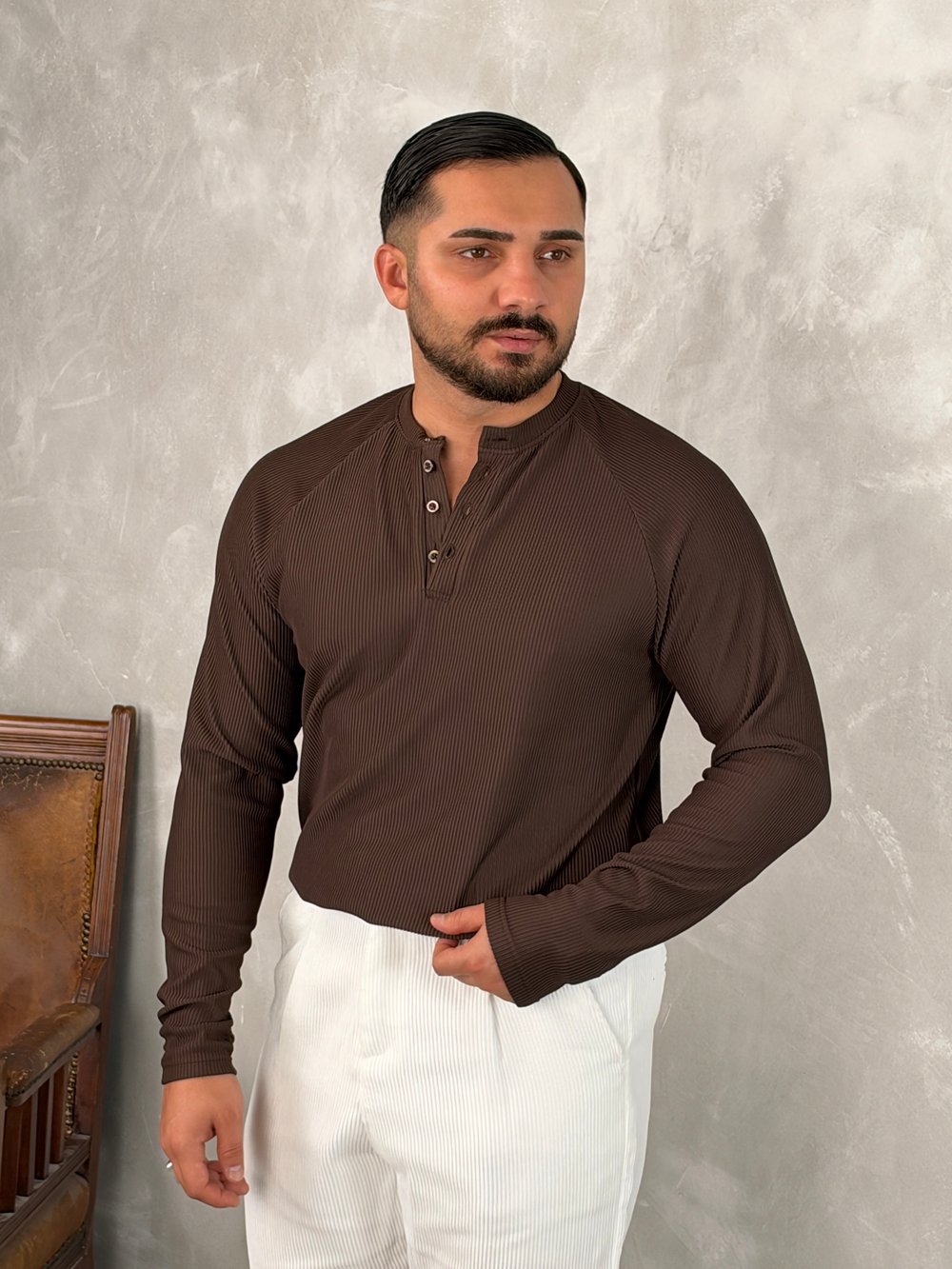 Ottoman Henley Yaka Sweatshirt Acı Kahve