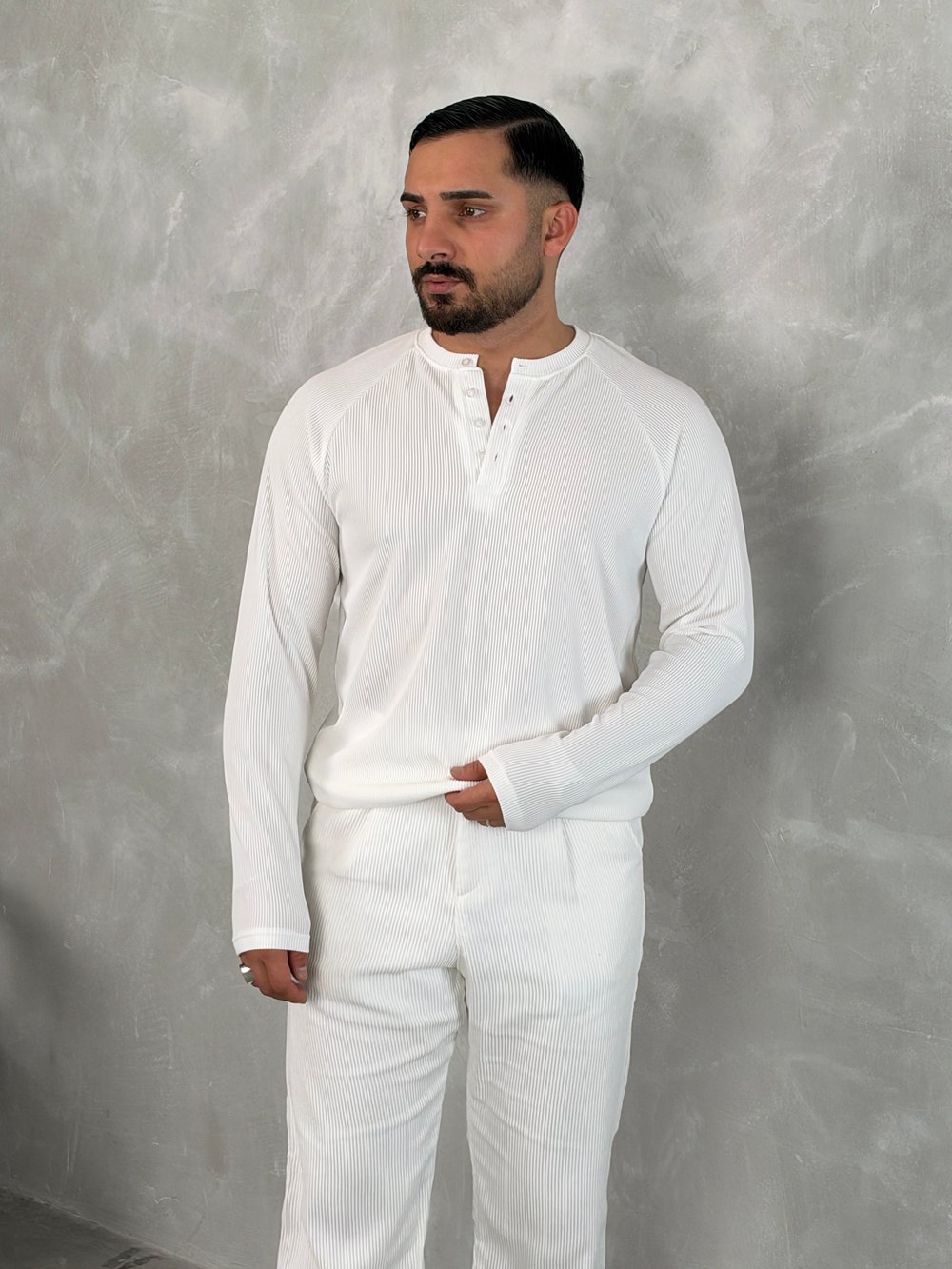 Ottoman Henley Yaka Sweatshirt Beyaz