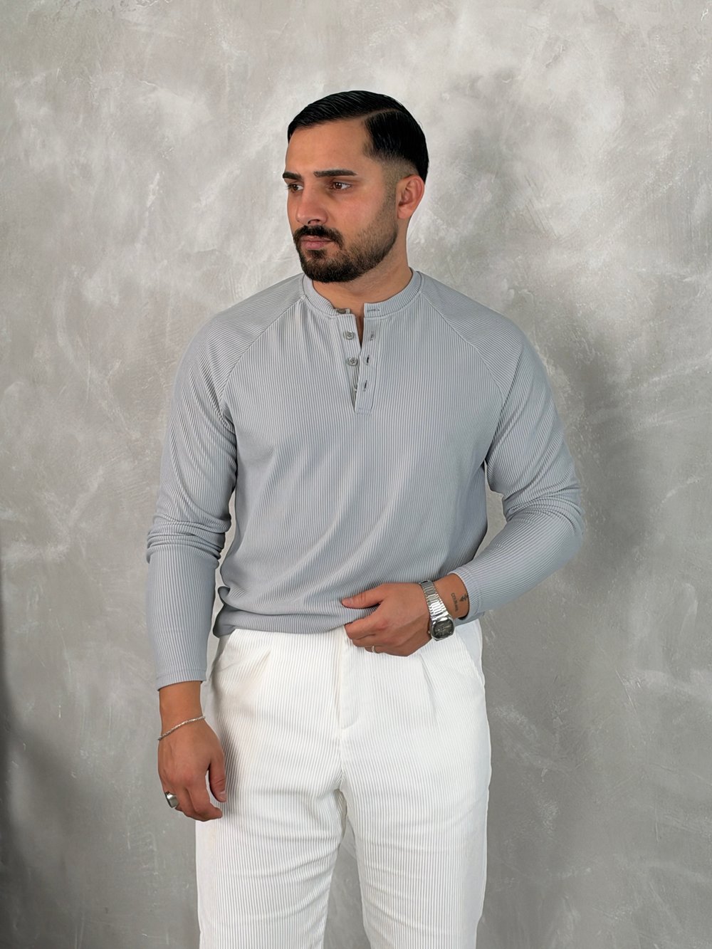Ottoman Henley Yaka Sweatshirt Gri
