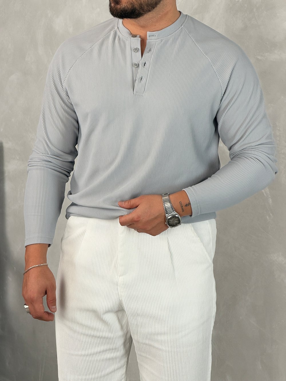 Ottoman Henley Yaka Sweatshirt Gri