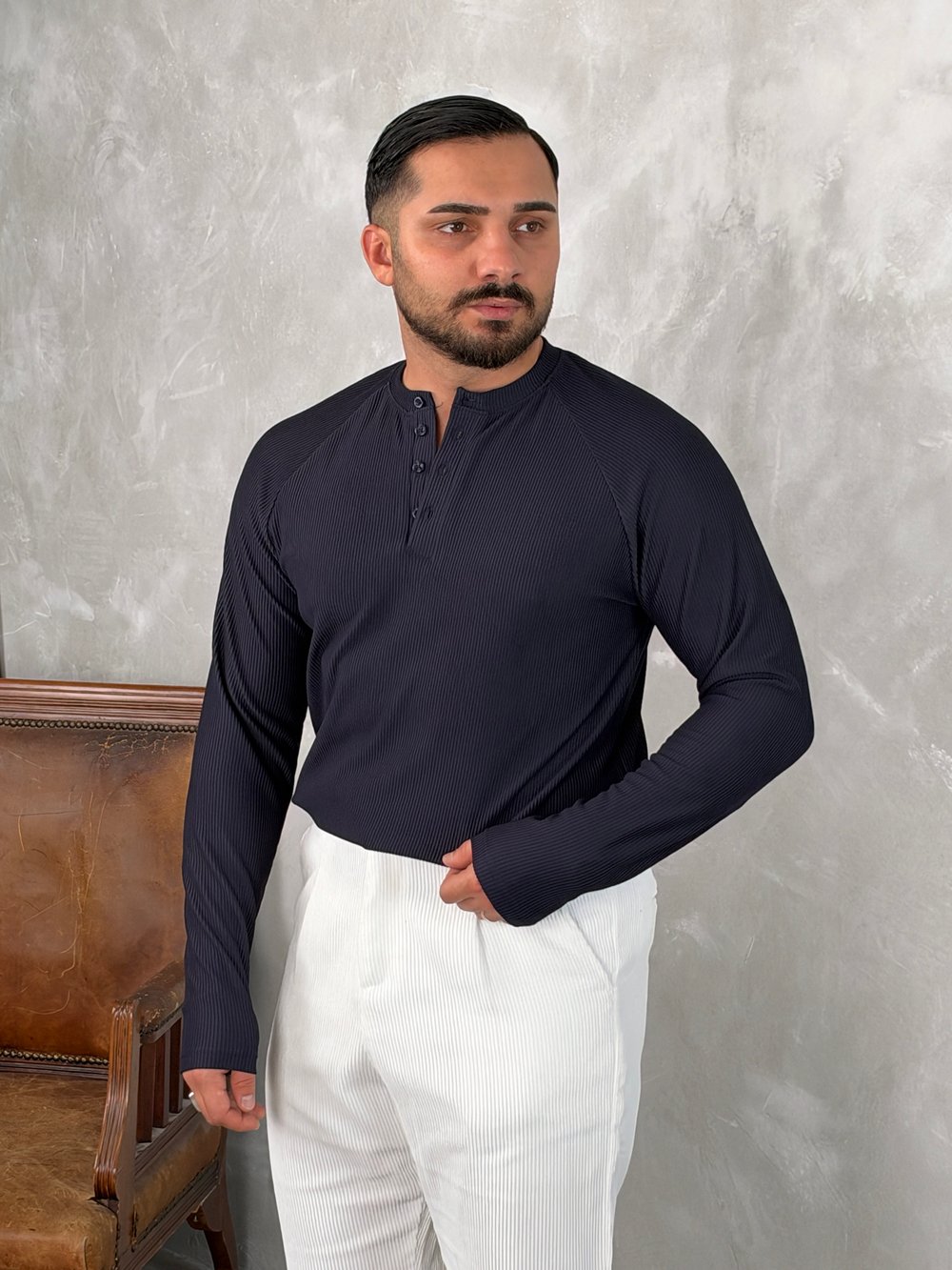 Ottoman Henley Yaka Sweatshirt Lacivert