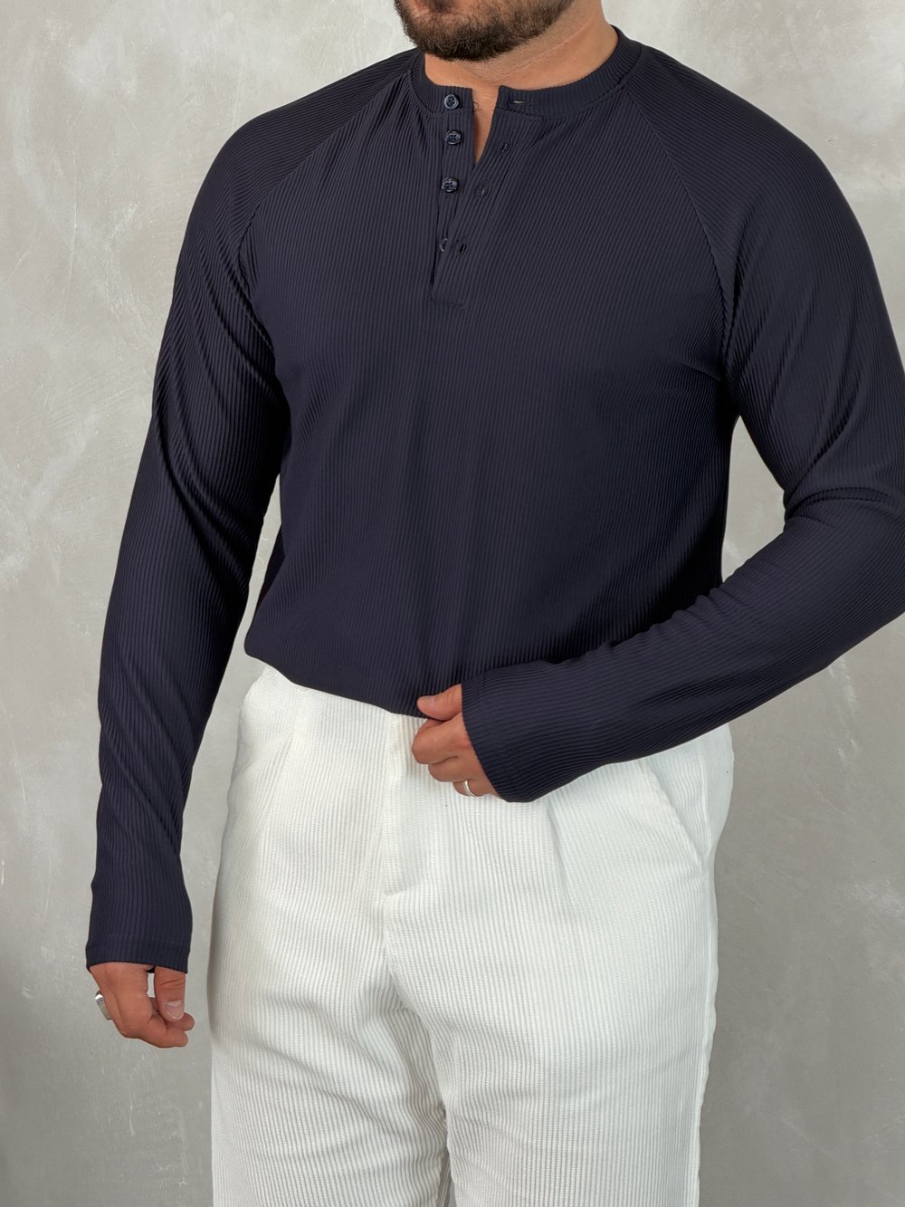 Ottoman Henley Yaka Sweatshirt Lacivert