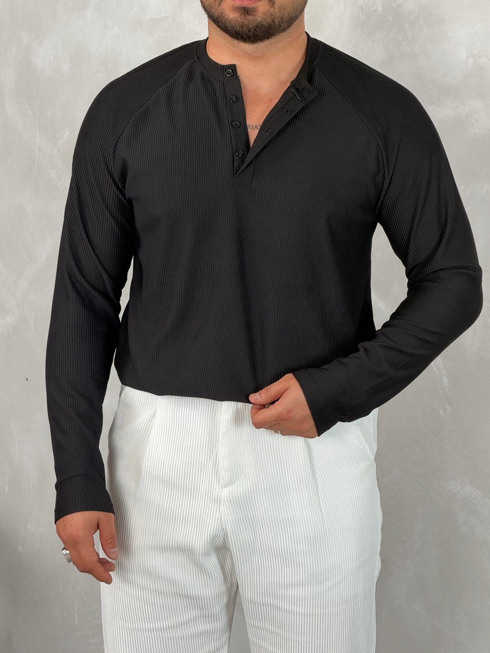 Ottoman Henley Yaka Sweatshirt Siyah