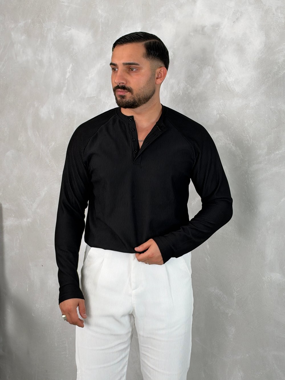 Ottoman Henley Yaka Sweatshirt Siyah