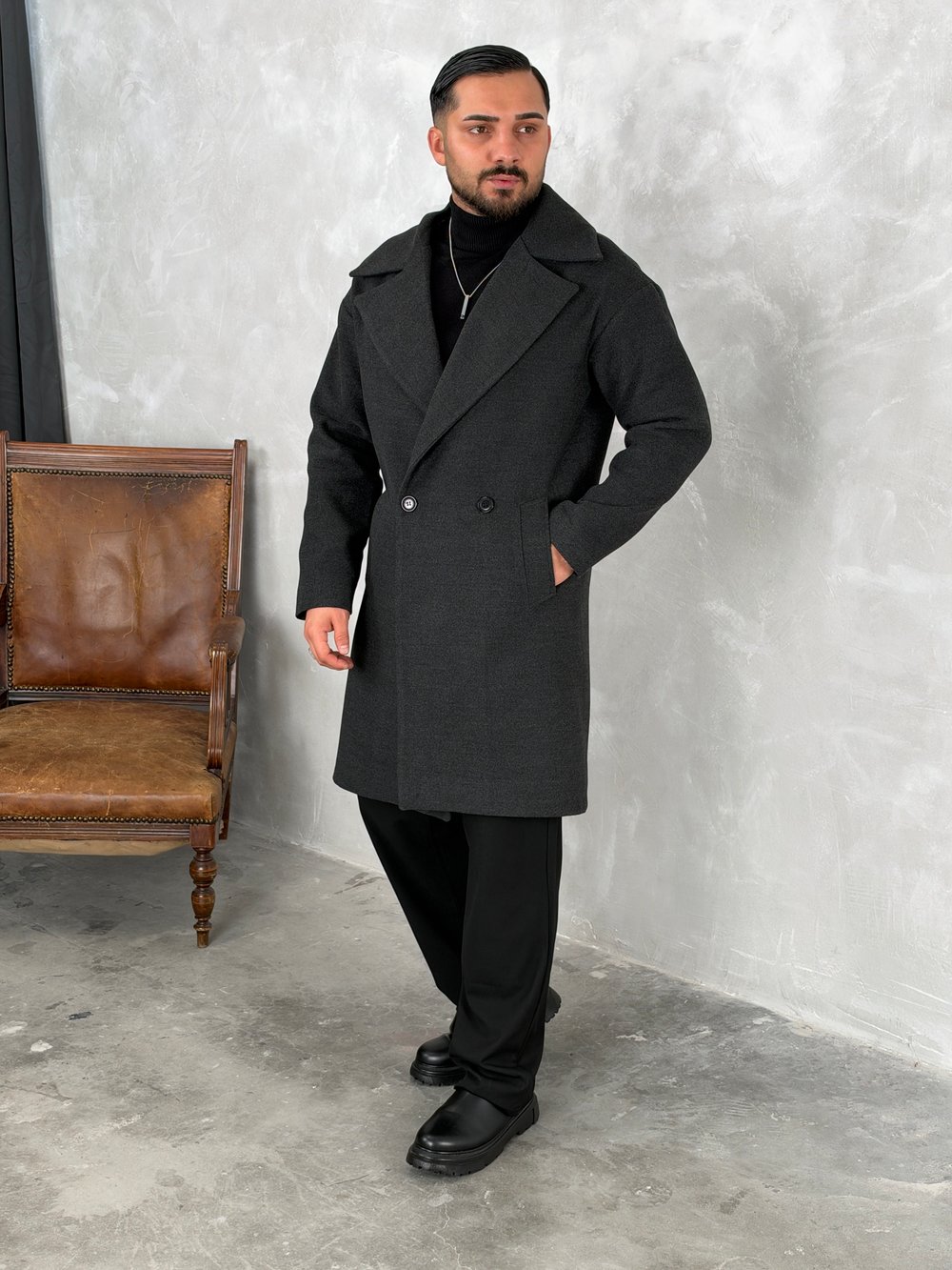 Oversize Astarlı Kaşe Kaban Antrasit