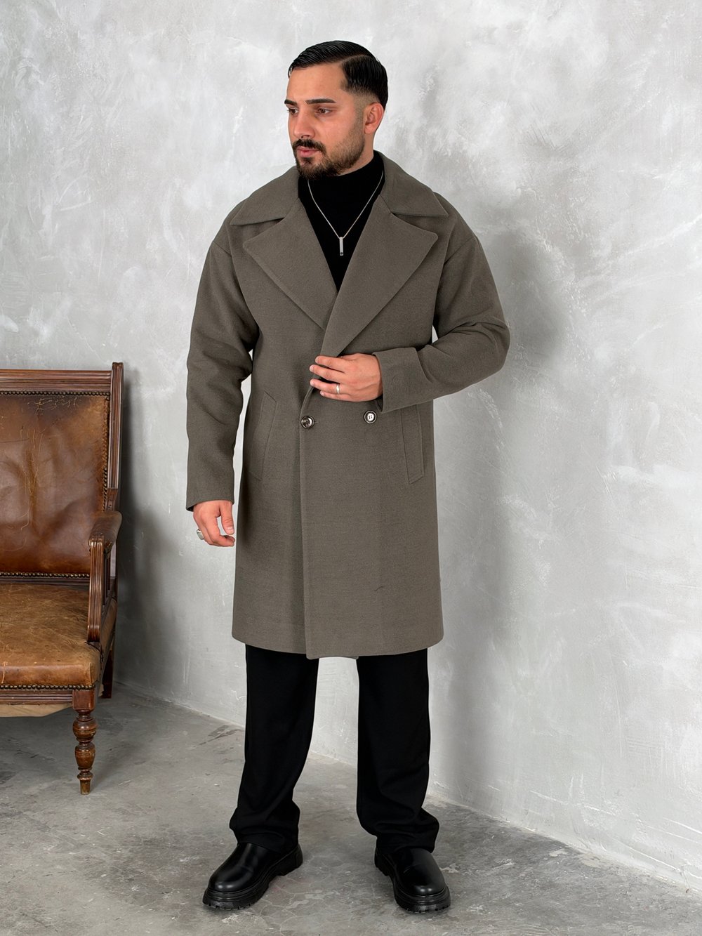 Oversize Astarlı Kaşe Kaban Haki Yeşil