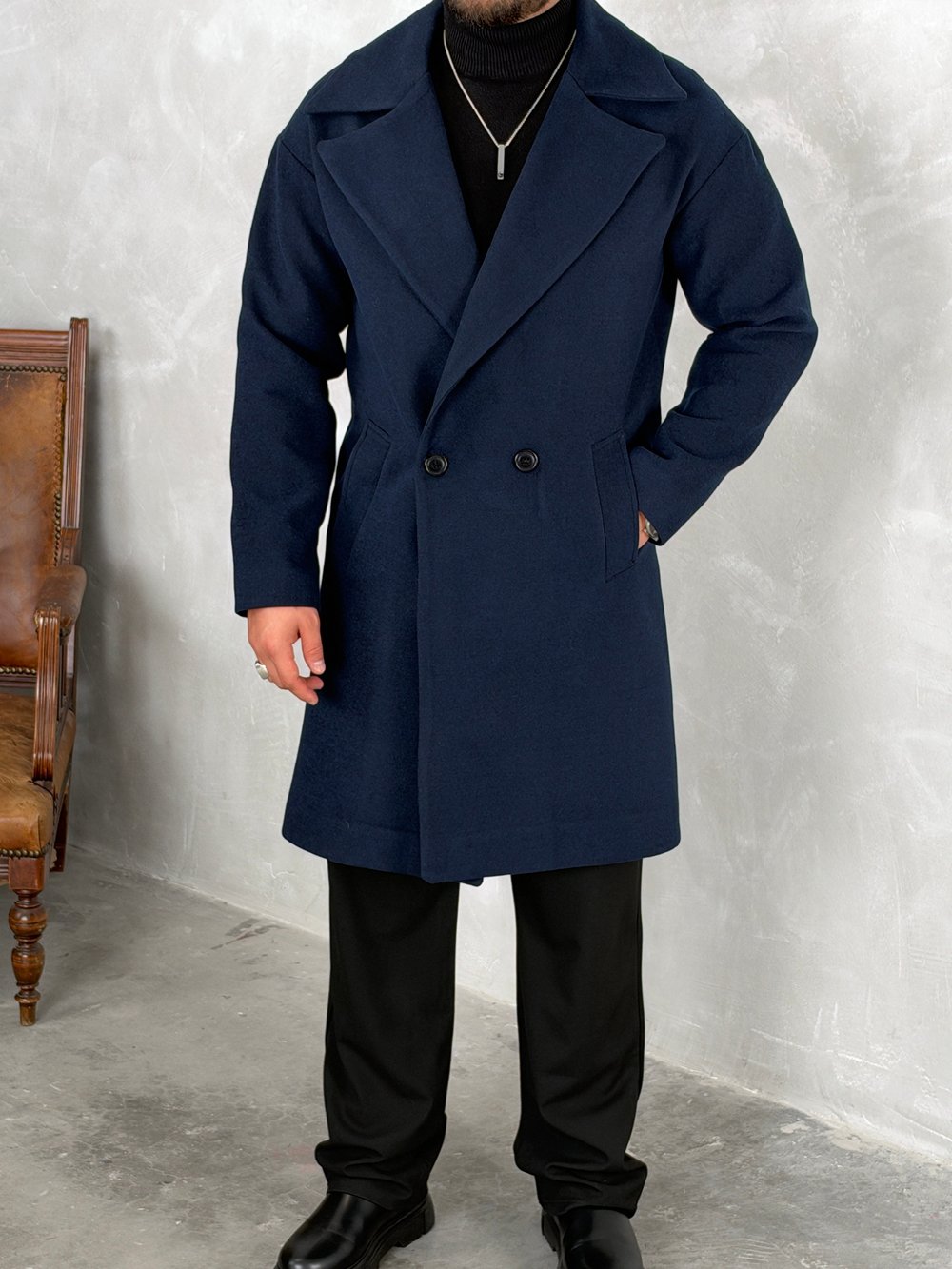 Oversize Astarlı Kaşe Kaban Lacivert
