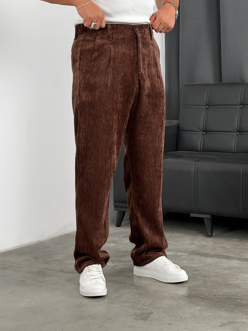 Pileli %100 Kadife Baggy Pantolon Acı Kahve