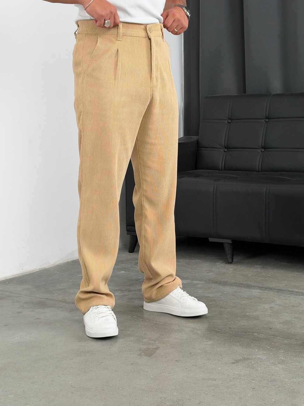 Pileli %100 Kadife Baggy Pantolon Bej
