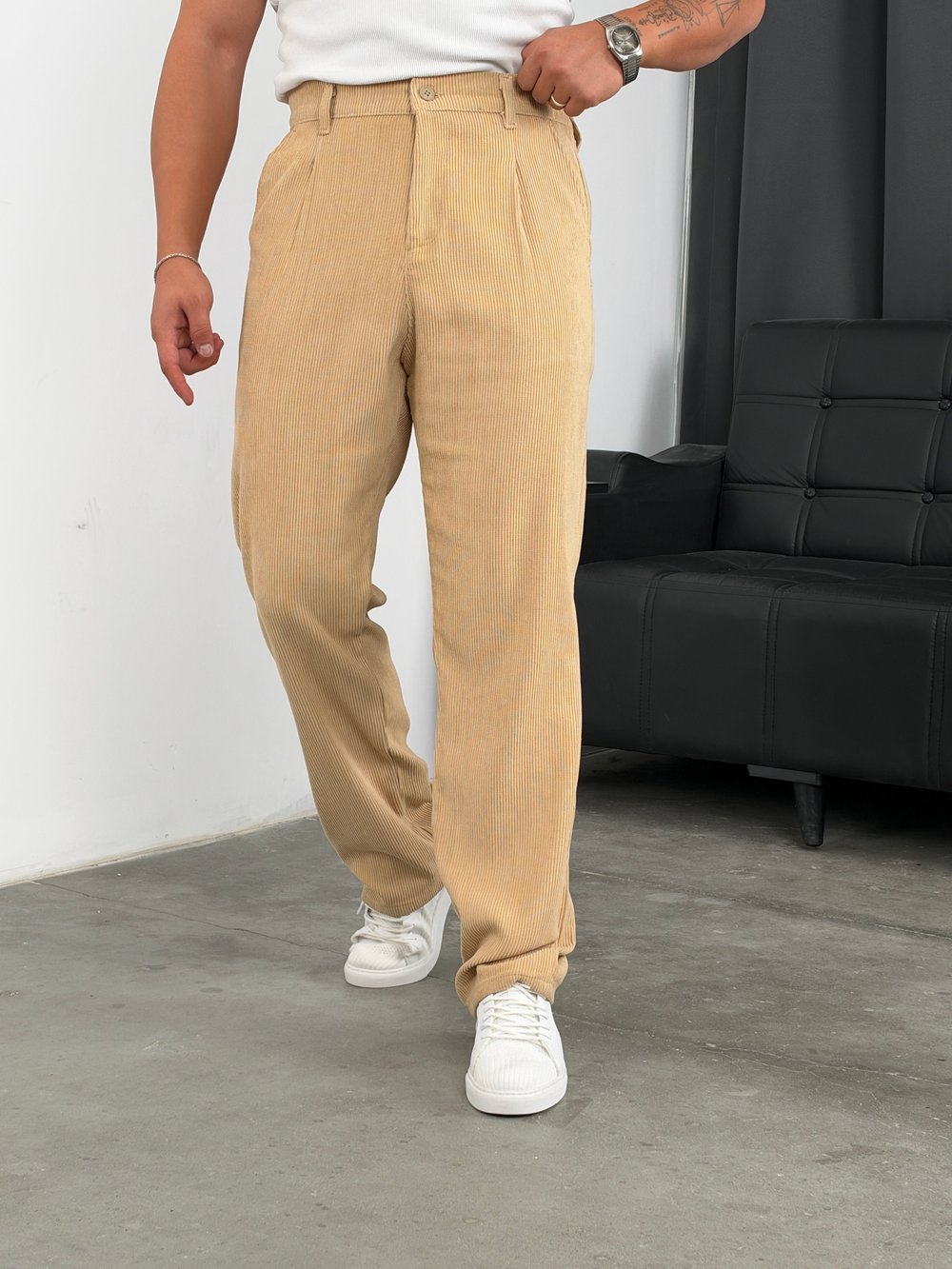 Pileli %100 Kadife Baggy Pantolon Bej