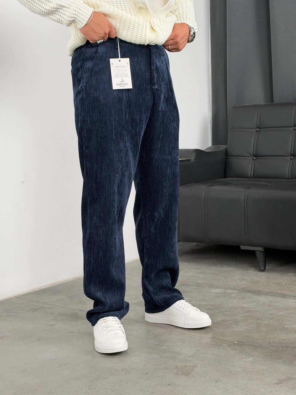 Pileli %100 Kadife Baggy Pantolon Lacivert
