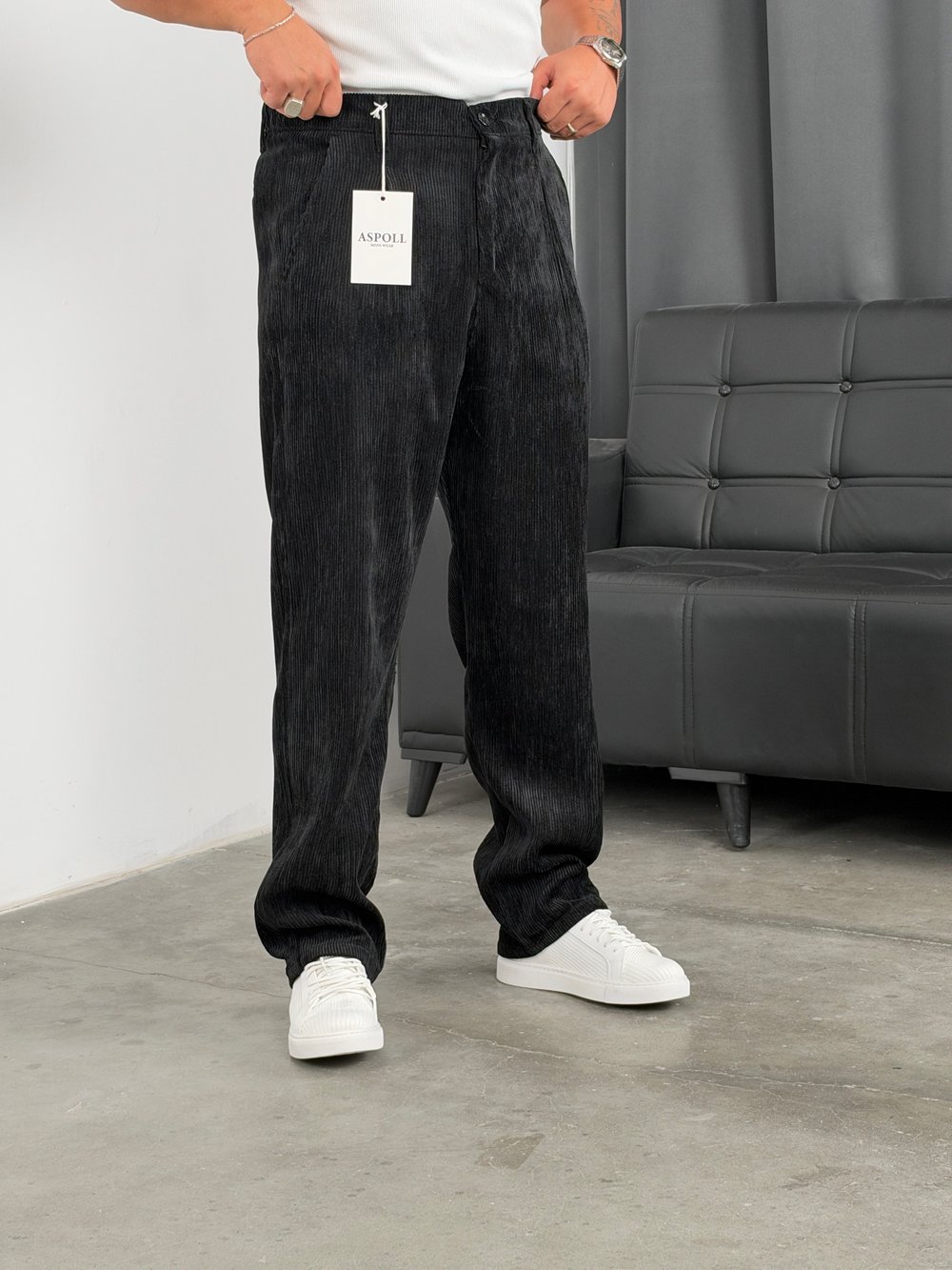 Pileli %100 Kadife Baggy Pantolon Siyah
