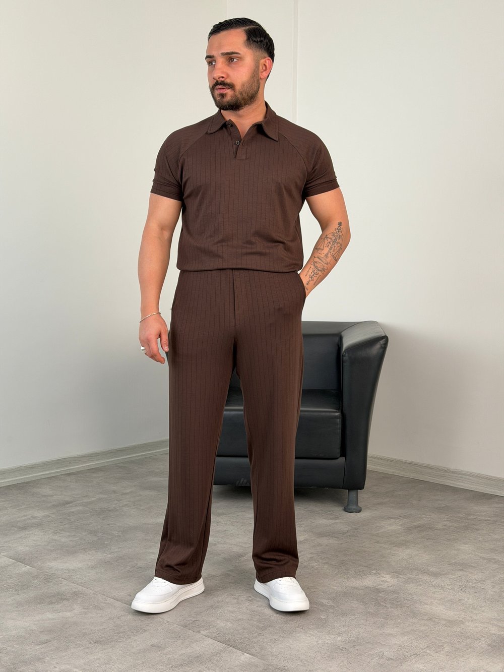 POLO YAKA ÇİZGİLİ OYS KUMAŞ TAKIM ACI KAHVE