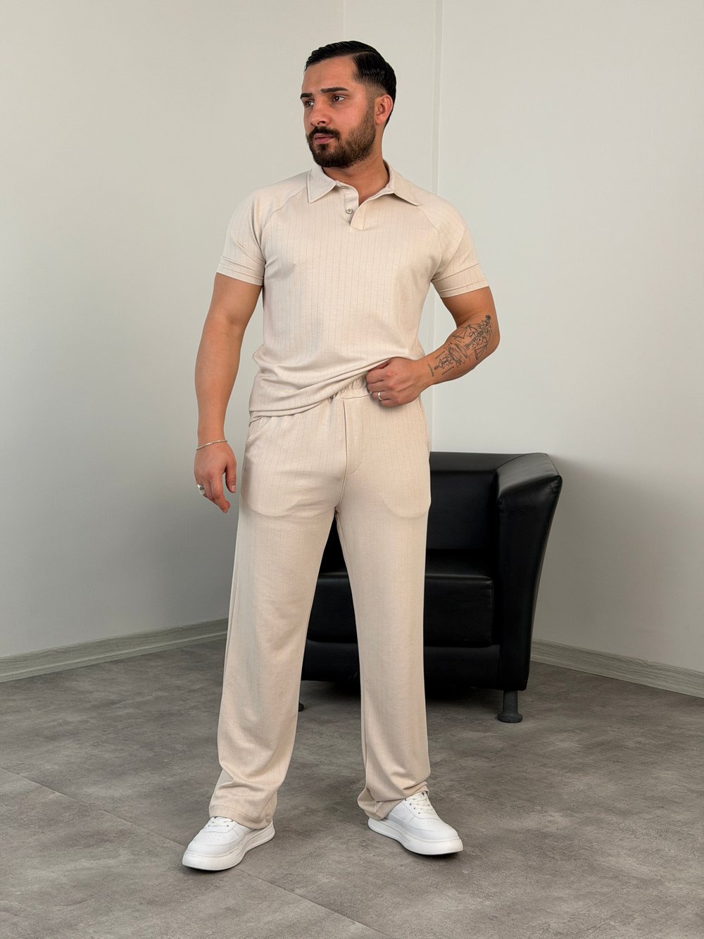 POLO YAKA ÇİZGİLİ OYS KUMAŞ TAKIM BEJ