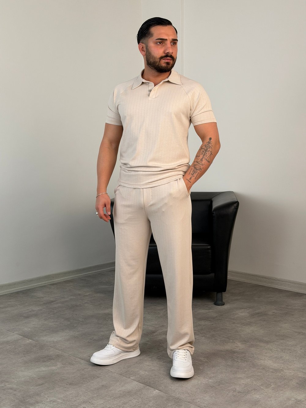 POLO YAKA ÇİZGİLİ OYS KUMAŞ TAKIM BEJ