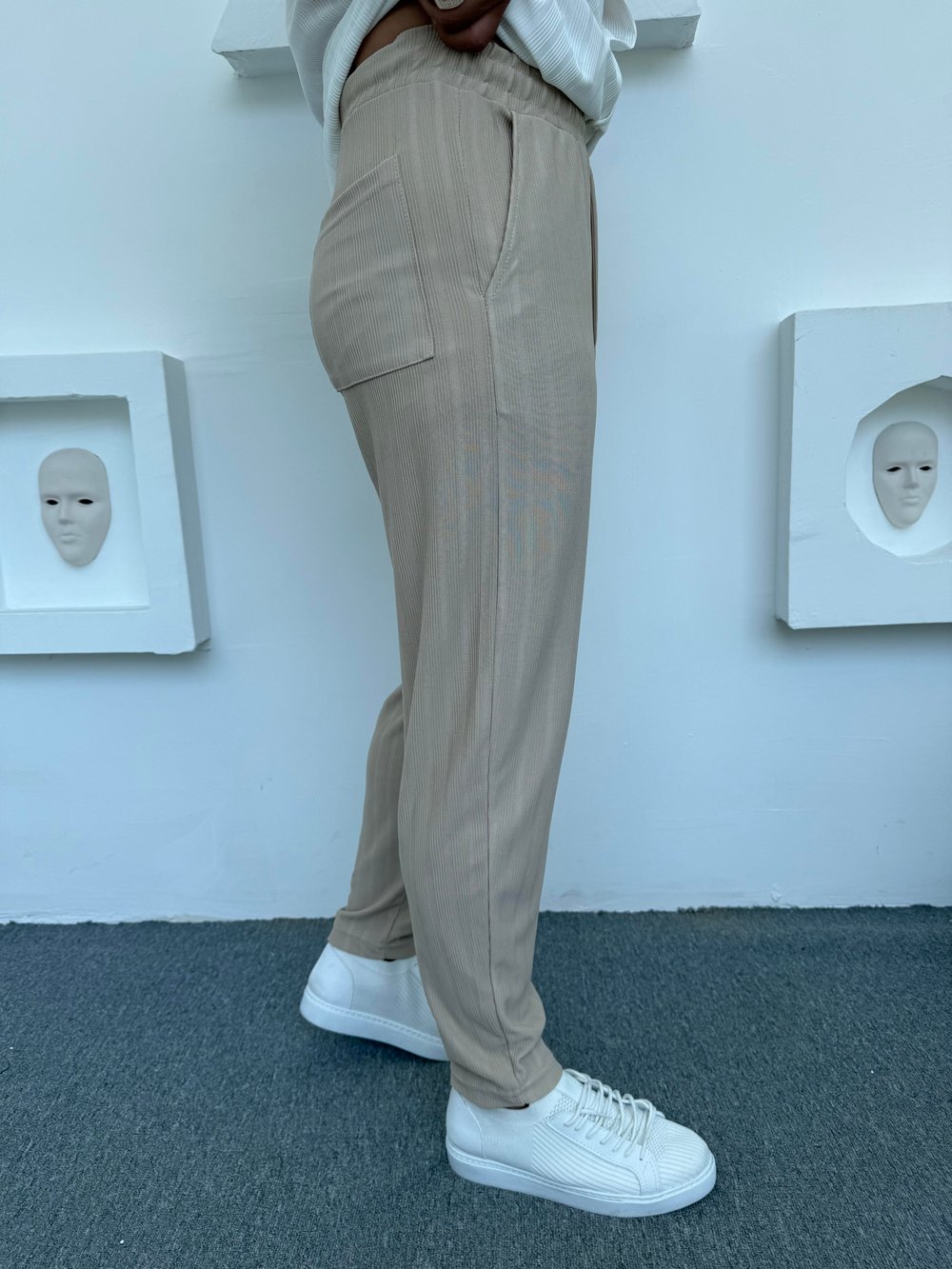 RAPOR ÇİZGİLİ BOYFİREND PANTOLON KREM
