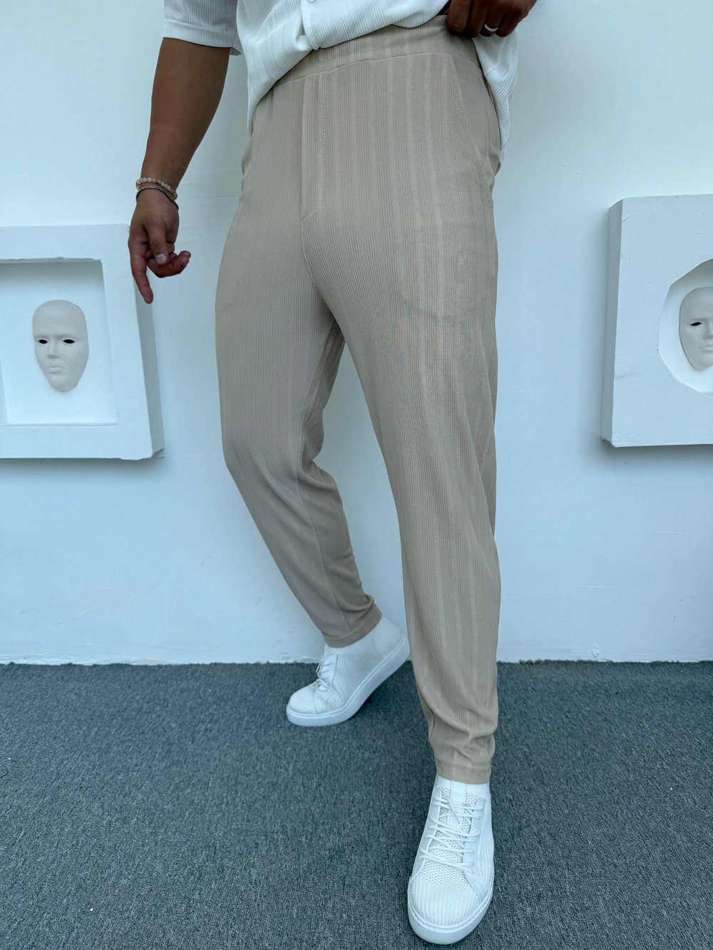 RAPOR ÇİZGİLİ BOYFİREND PANTOLON KREM