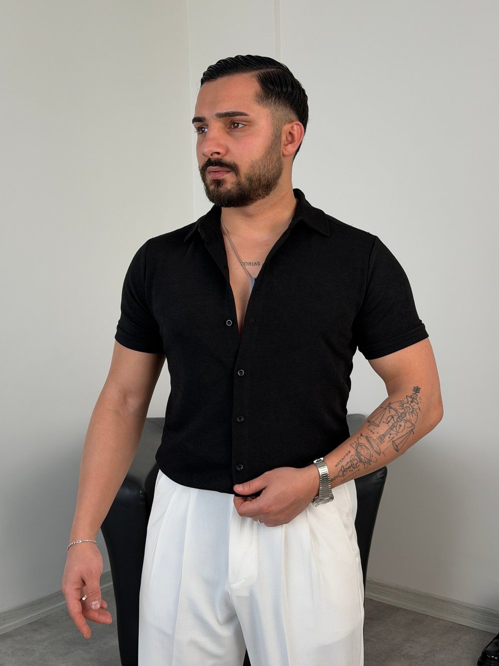 REGULAR FİT DUBLE KOL PAMUK ÖRME KISAKOL GÖMLEK SİYAH