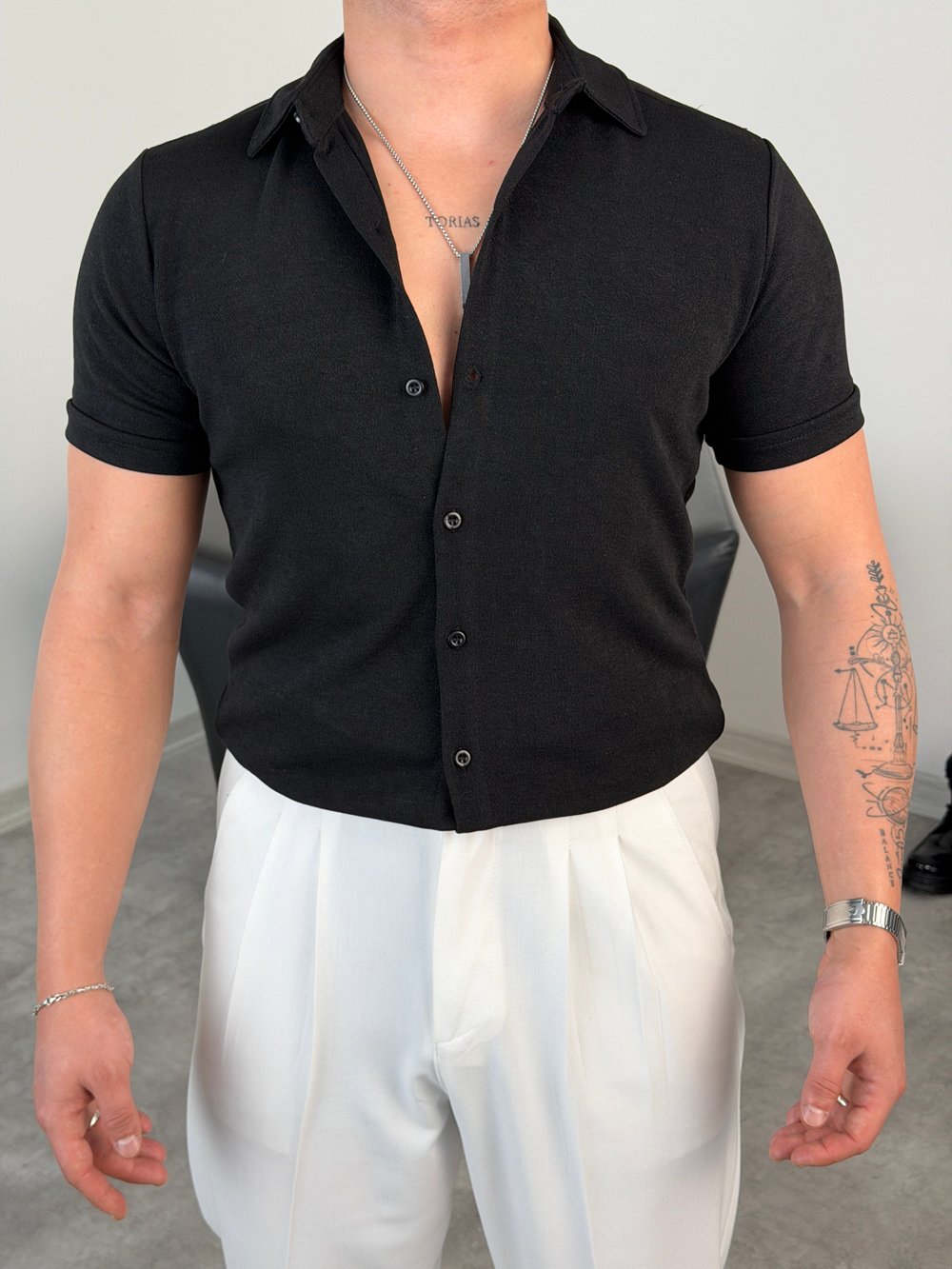 REGULAR FİT DUBLE KOL PAMUK ÖRME KISAKOL GÖMLEK SİYAH