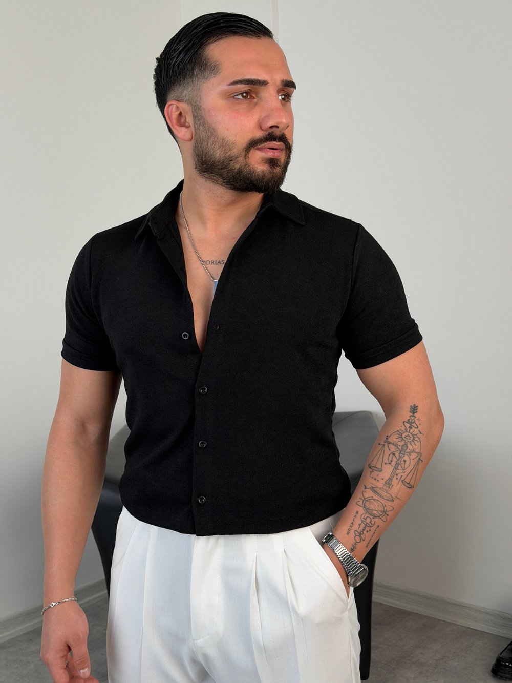 REGULAR FİT DUBLE KOL PAMUK ÖRME KISAKOL GÖMLEK SİYAH