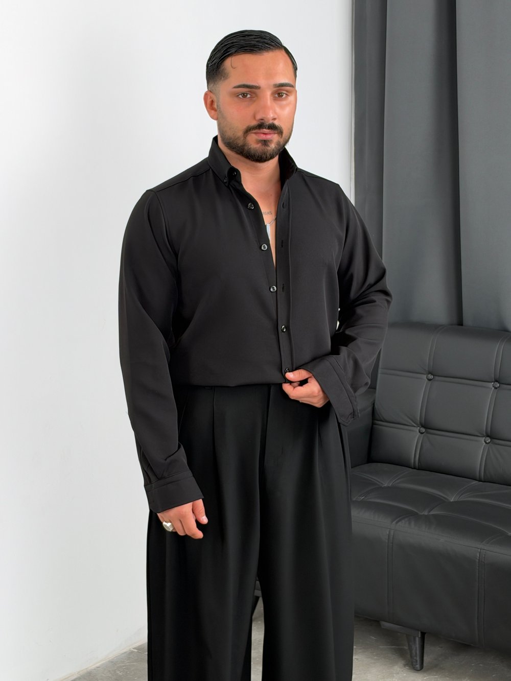 Regular Kalıp Dabıl Kumaş Uzunkol Gömlek Siyah