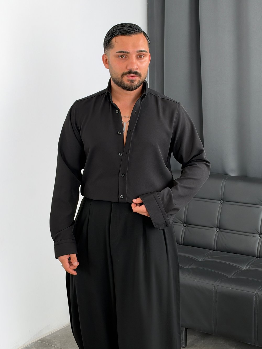 Regular Kalıp Dabıl Kumaş Uzunkol Gömlek Siyah