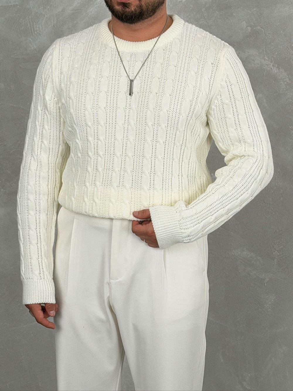 Saç Örgü Premium Bisiklet Yaka Sweatshirt Beyaz