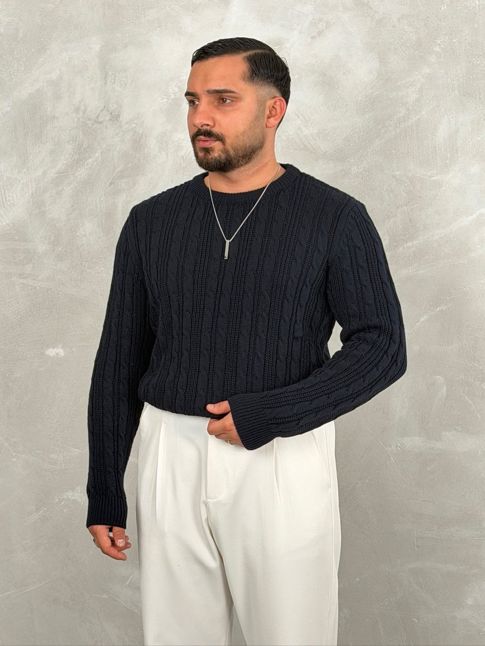 Saç Örgü Premium Bisiklet Yaka Sweatshirt Lacivert