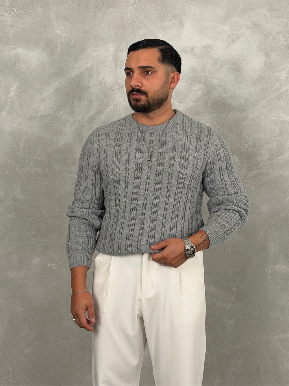 Saç Örgü Premium Bisiklet Yaka Sweatshirt Gri