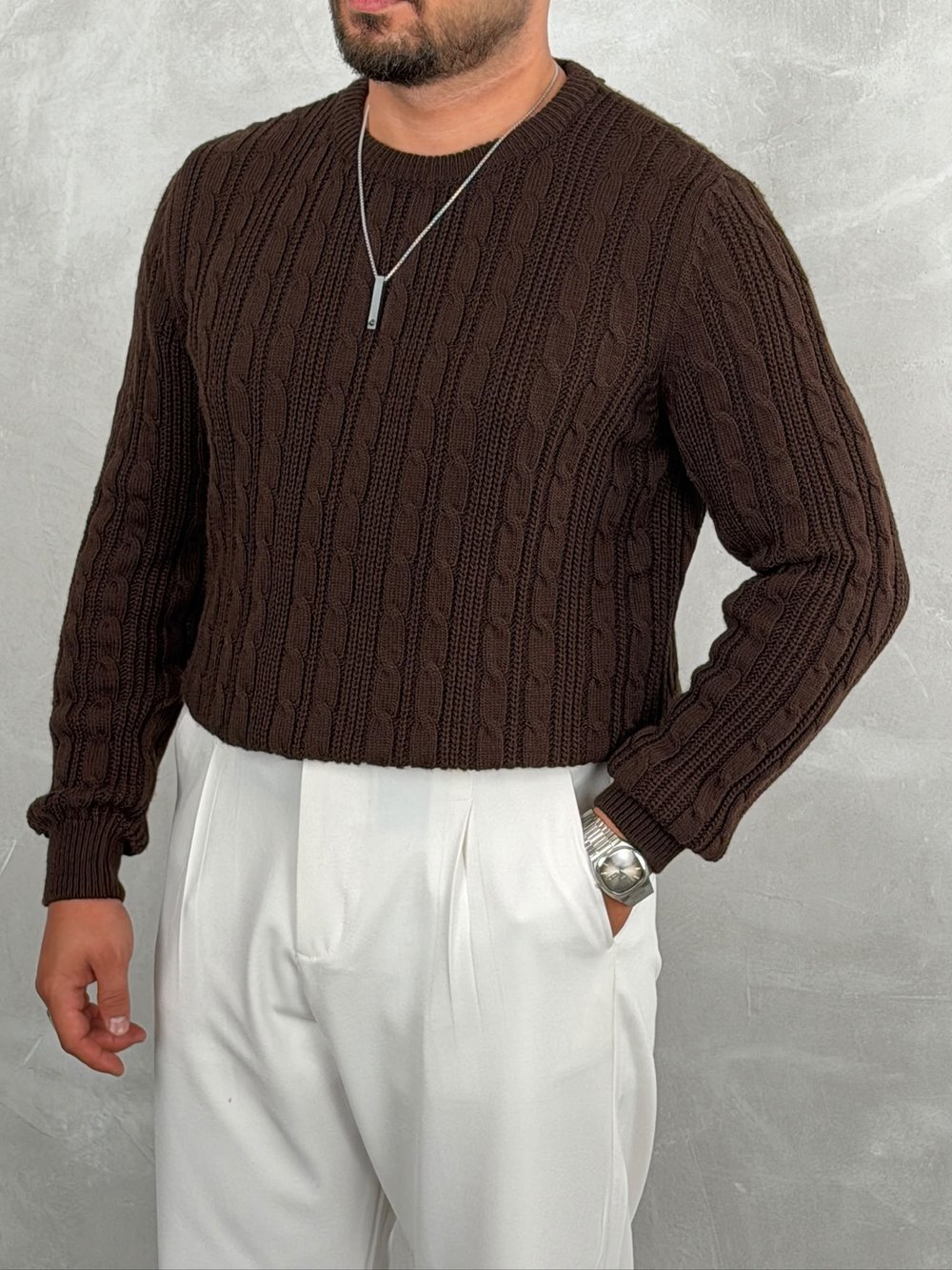 Saç Örgü Premium Bisiklet Yaka Sweatshirt Acı Kahve