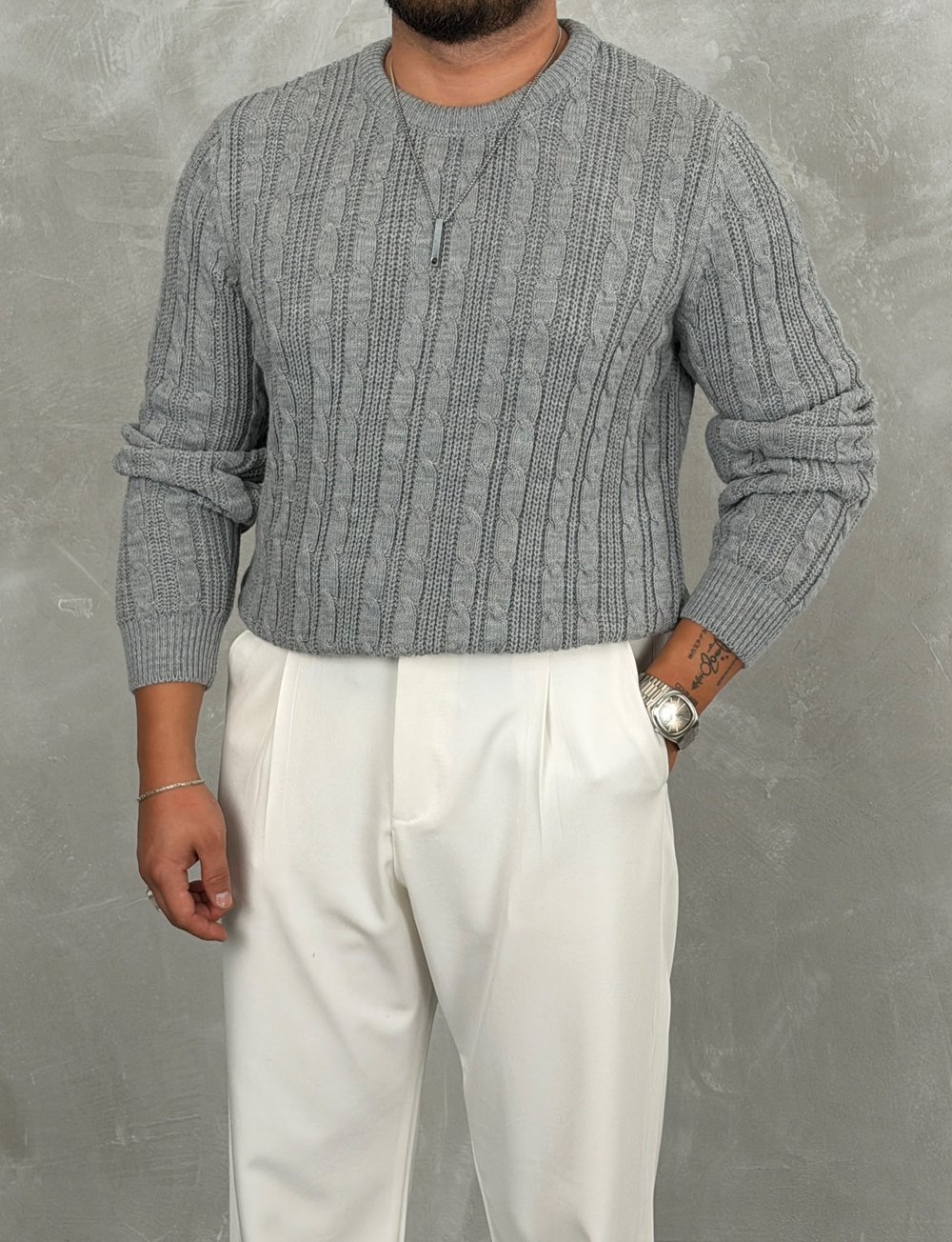 Saç Örgü Premium Bisiklet Yaka Sweatshirt Gri