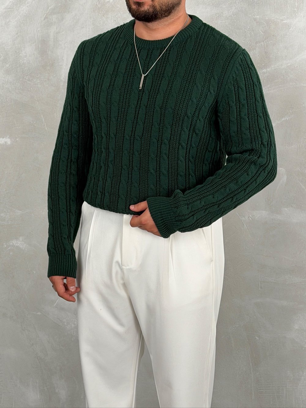 Saç Örgü Premium Bisiklet Yaka Sweatshirt Zümrüt Yeşili