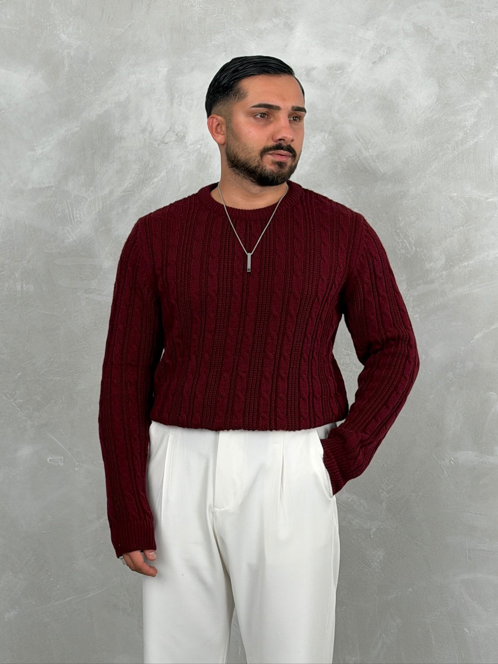 Saç Örgü Premium Bisiklet Yaka Sweatshirt Bordo