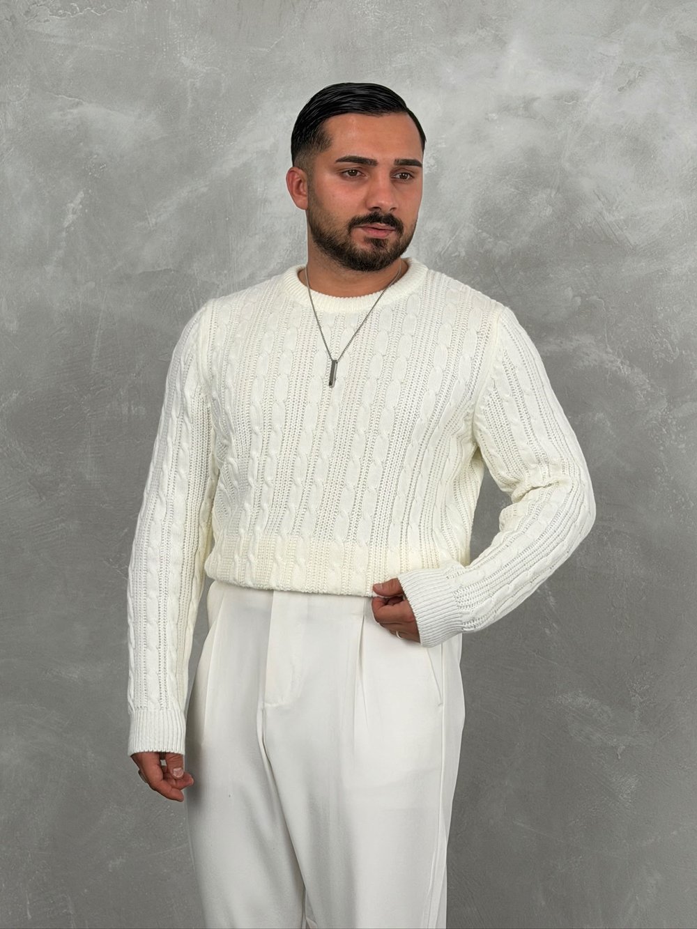 Saç Örgü Premium Bisiklet Yaka Sweatshirt Beyaz