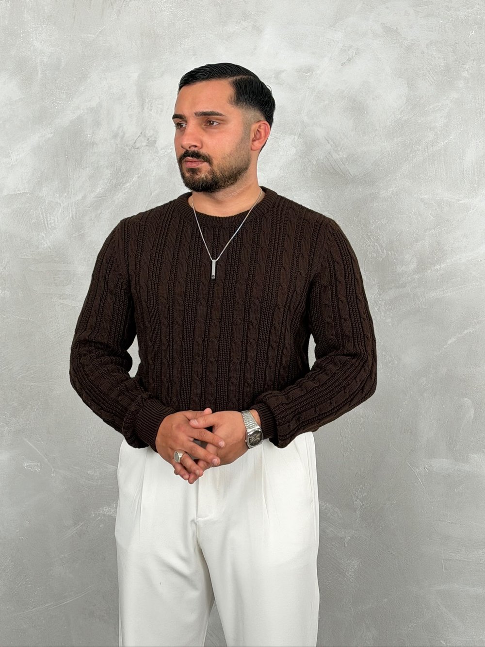 Saç Örgü Premium Bisiklet Yaka Sweatshirt Acı Kahve