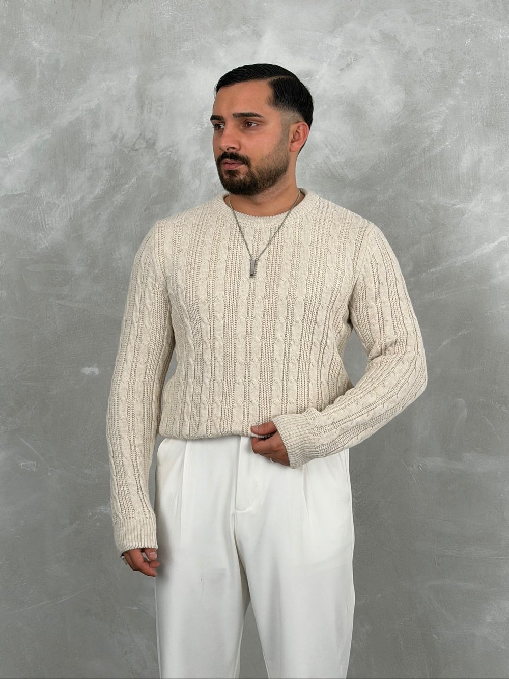 Saç Örgü Premium Bisiklet Yaka Sweatshirt Bej