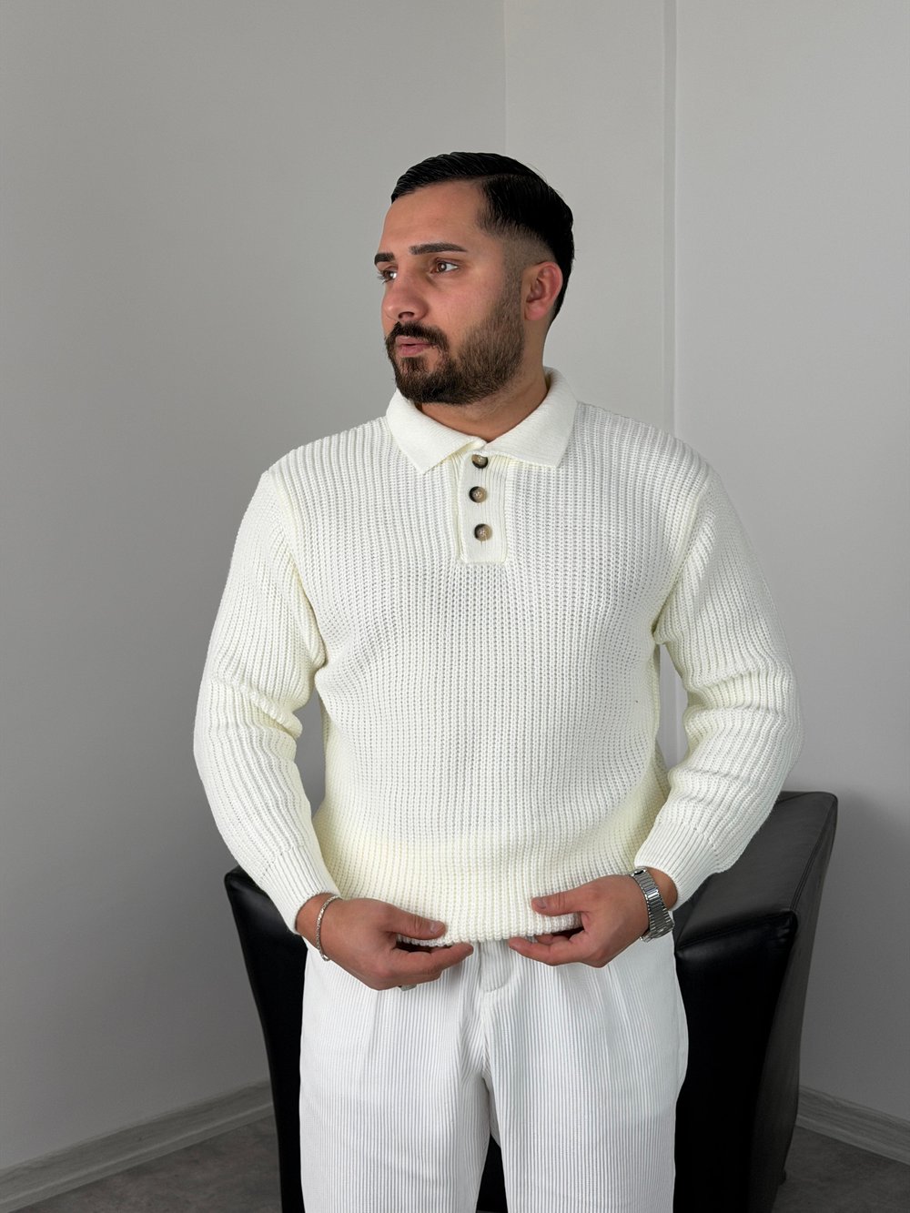 SELANİK KALIN ÖRGÜ DÜĞMELİ TRİKO POLO YAKA BEYAZ